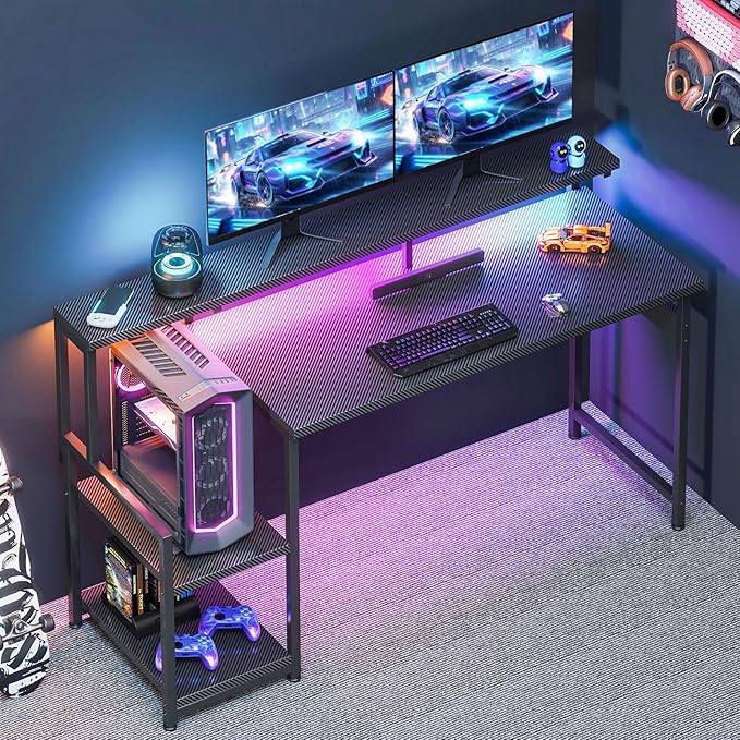 AODK Gaming Desk, 55 Inch Computer Desk with Led Lights, Office Desk with PC Tower Stand, Reversible Desk with Monitor Shelf & Headphone Hook, Carbon Fiber Black