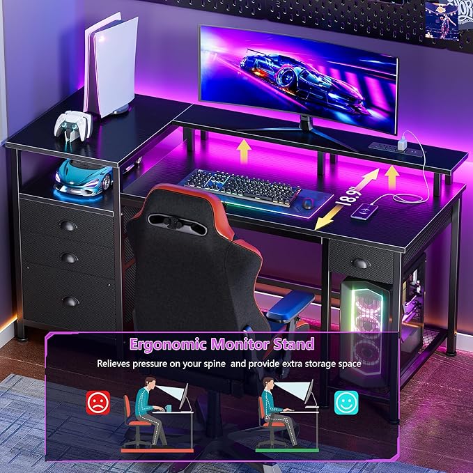 Furologee 52'' Gaming Desk with LED Lights and Power Outlets, Reversible Computer Desk with 4 Drawers, Fabric File Cabinet, Printer Space, Shelves and Monitor Stand for Home Office and Bedroom, Black