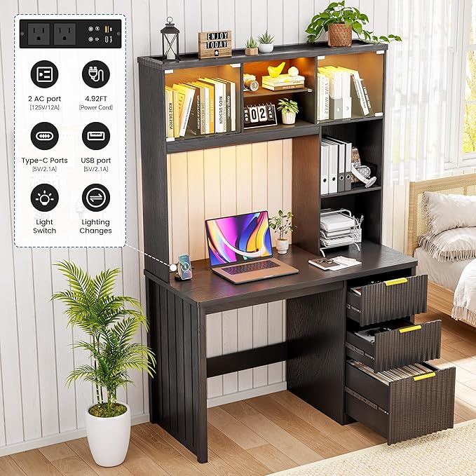 WOOVIVS Standing Desk with LED Light for Office Room, Smart Computer Desk with Hutch and Drawer for Game Room,Modern Study Table with 2AC Port Charging Station/Lamp/for Bedroom (Black)