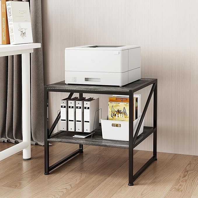 2-Tier Large Priner Stand with Storage Shelf, 20"×20" Under Desk Printer Table for Home Office Organization, End Table for Living Room, Heavy Duty Storage Rack for Scanner Fax Heat Press, Grey Oak