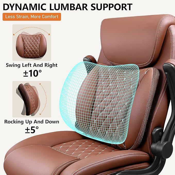 BESTFAIR Office Chair, Ergonomic Computer Desk Chairs with Lumbar Support for Lower Back Pain Relief, Executive Leather Home Chair Comfy with Padded Flip-up Armrests, Brown, 2-Pack