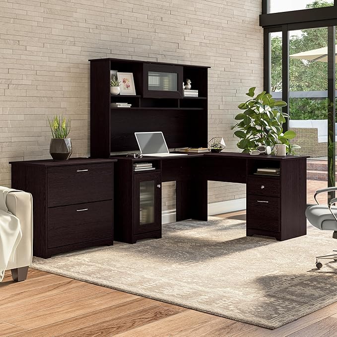 Bush Furniture Cabot 60W L Shaped Desk with Hutch and Lateral File Cabinet in Espresso Oak