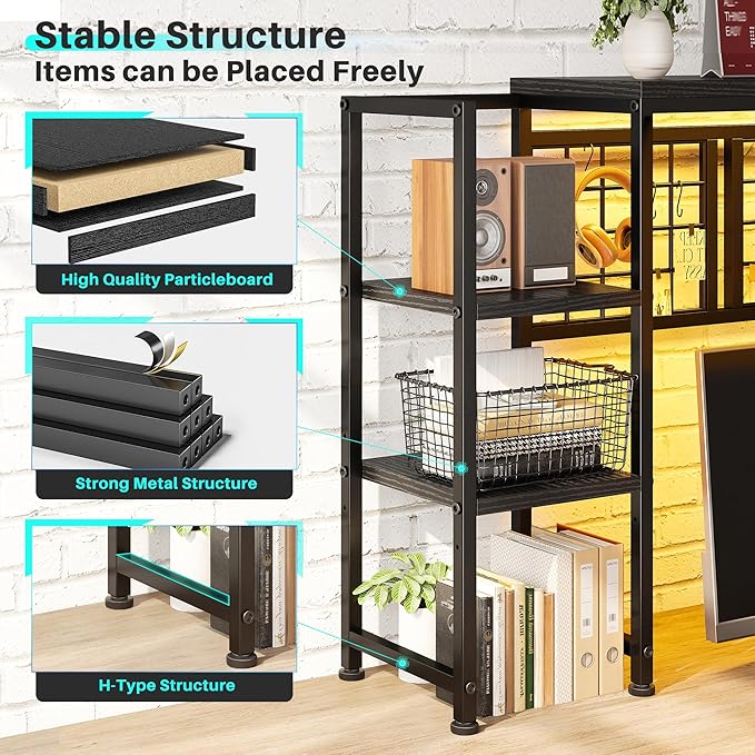 REIBII Desk Shelf with LED Light Strip,Adjustable 45.1" Desk Hutch Dorm with 5 Tier Display Shelf Rack,Desktop Bookshelf with Grid Panel & Hooks for Home, Office and Dorm, Black