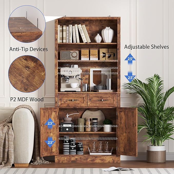 BORNOON 70.1" Tall Bookshelf with Drawers & Cabinet, 5-Tier Floor Standing Bookcase with Storage Doors, Adjustable Shelves & Metal Handles, 31.5" Wide Organizer for Home Office, Living Room