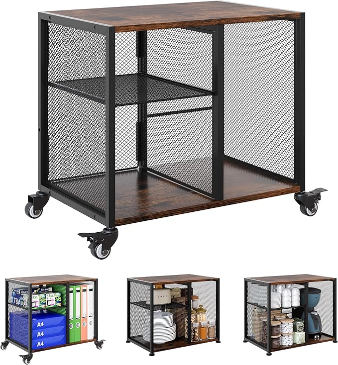 Under Desk Printer Stand - 3 Tier Rolling Printer Cart with Adjustable Shelves & Lockable Wheels, Heavy-Duty Standing Desk Storage Rack for Home, Office, Rustic Brown