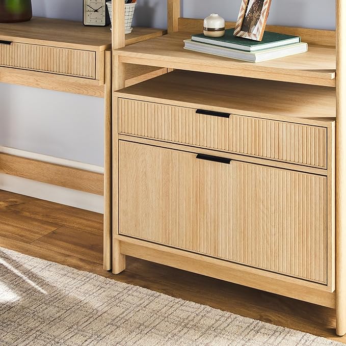 Walker Edison Transitional 3-Piece Writing Desk with 2 Wide Bookcases, Reeded Drawer Fronts, Set of 3, Coastal Oak