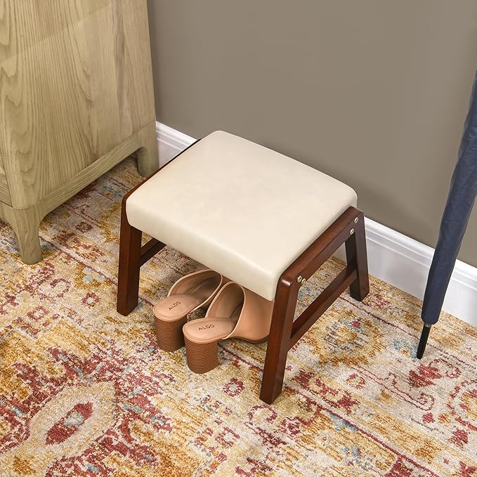 Small Foot Rest Ottoman, 11.8" H PU Leather Rectangle Foot Stool with Non-Skid Wood Legs, Small Foot Step Footstool Sofa Footrest for Couch, Desk, Office, Beige