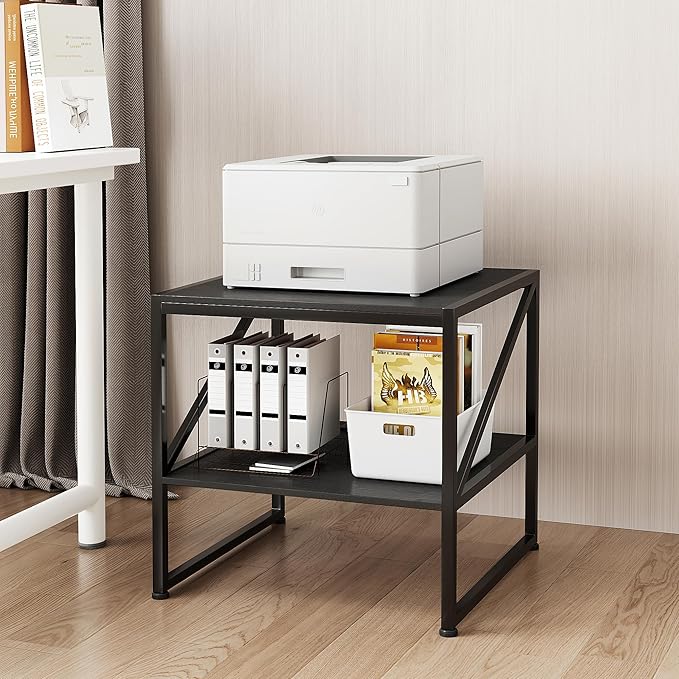 2-Tier Large Priner Stand with Storage Shelf, 20"×20" Under Desk Printer Table for Home Office Organization, End Table for Living Room, Heavy Duty Storage Rack for Scanner Fax Heat Press, Black