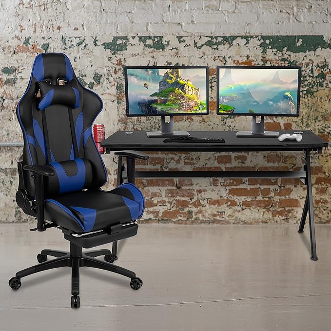 Flash Furniture Optis Gaming Desk and Blue Footrest Reclining Gaming Chair Set - Cup Holder/Headphone Hook/Removable Mouse Pad Top/Wire Management