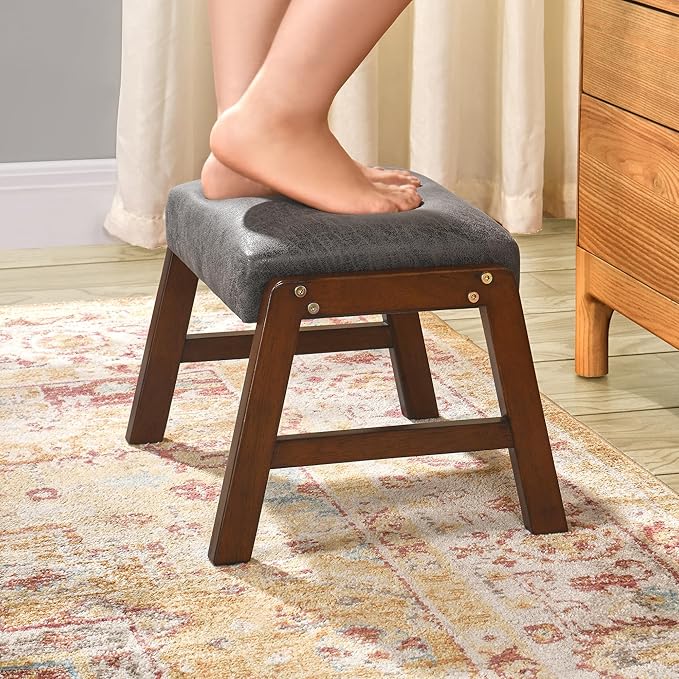 Small Footstool Ottoman, 11.8" H Fabric Wooden Foot Rest Ottoman with Wood Legs, Small Foot Stool Sofa Footrest Extra Seating for Living Room Entryway Office, Grey