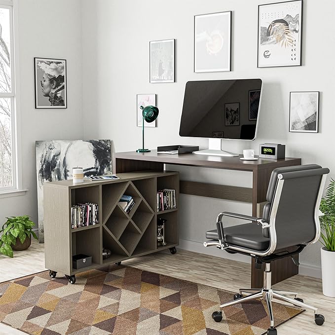 Furniture of America FOA Minshew Solid Wood 2-Piece Convertible Desk with Bookcase Set in Brown