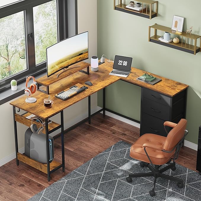 DEVAISE L Shaped Gaming Desk with Drawers and Storage, L Shaped Desk with LED Lights, Power Outlets, PC Desk with Monitor Stand, Corner Desk for Home Office (Rustic Brown, 60 Inch)