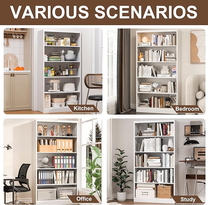 Metal Bookcase and Bookshelf, 66 in Tall Heavy Duty Bookshelf with 4 Adjustable Storage Shelves, Large Deep Bookcase for Home, Library, Office, Bedroom, School, White