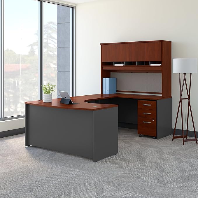 Bush Business Furniture Series C 60W Right Handed Bow Front U Shaped Desk with Hutch and Storage in Hansen Cherry, Large Computer Table for Professional Office