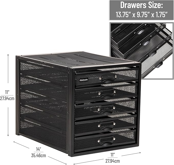 Mind Reader File Storage Drawers, Desk Organizer, Multi-Purpose, Crafts, Office, Metal Mesh, 11"L x 14"W x 11"H, Black, 5 Drawer