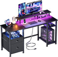 Furologee 51" Gaming Desk with Power Outlets & LED Lights, Reversible Computer Desk with File Cabinet & Monitor Stand for Home Office, Large Work Table with Storage Shelves & Drawer, Black