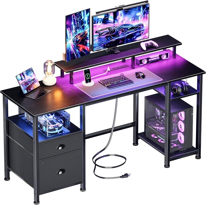 Furologee 51" Gaming Desk with Power Outlets & LED Lights, Reversible Computer Desk with File Cabinet & Monitor Stand for Home Office, Large Work Table with Storage Shelves & Drawer, Black