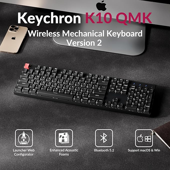 Keychron K10 Version 2 Full Size 104 Keys Bluetooth Wireless Mechanical Gaming Keyboard for Mac Windows Super Banana Switch White LED Backlight/USB C Wired Computer Keyboard