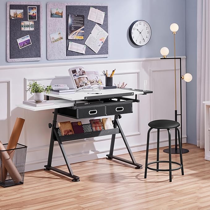 Topeakmart Drafting Table Art Craft Desk with Storage, Wooden Drawing Table with Adjustable Angle, Workstation for Reading&Writing, Foldable Artist Painting Table Crafts Desk with Extra Large Desktop