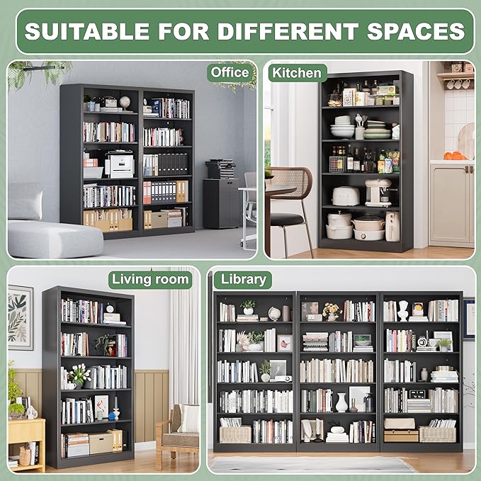 Metal Bookcase and Bookshelf, 66 in Tall Black Bookshelf with 4 Adjustable Storage Shelves, Large Deep Bookcase for Home, Library, Office, Bedroom, School