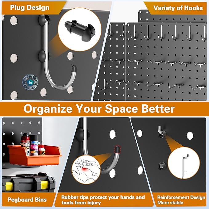 Peg Board,Total 32” x 32”, 68PCS Heavy Duty Metal Pegboard with Hooks, 4 Pack Black Peg Board Panels, 50lbs Load Capacity Each, Pegboard Wall Organizer for Garage, Workshop, Craft Rooms