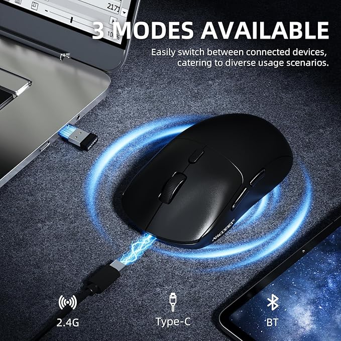 A.JAZZ NJ07 Wireless Mouse, 67g Ultra-Lightweight, 3-Mode 2.4G/Bluetooth/USB-C, 6 Adjustable DPI up to 12800, 1000Hz Optical Sensor, Ergonomic Design Long Battery Life, Compatible with PC & Mac-Black