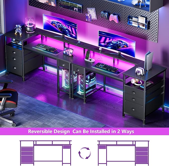 Furologee 52'' Gaming Desk with LED Lights and Power Outlets, Reversible Computer Desk with 4 Drawers, Fabric File Cabinet, Printer Space, Shelves and Monitor Stand for Home Office and Bedroom, Black