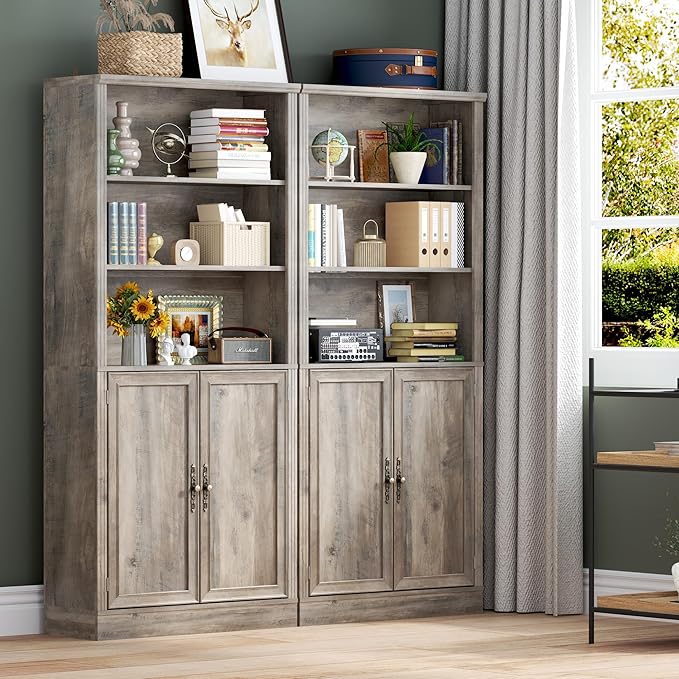 BORNOON 70.1" Tall Bookshelf with Cabinet, 5-Tier Floor Standing Bookcase with Doors & Adjustable Shelves, 31.5" Wide Storage Shelf, Metal Handles, Modern Organizer for Home Office, Living Room