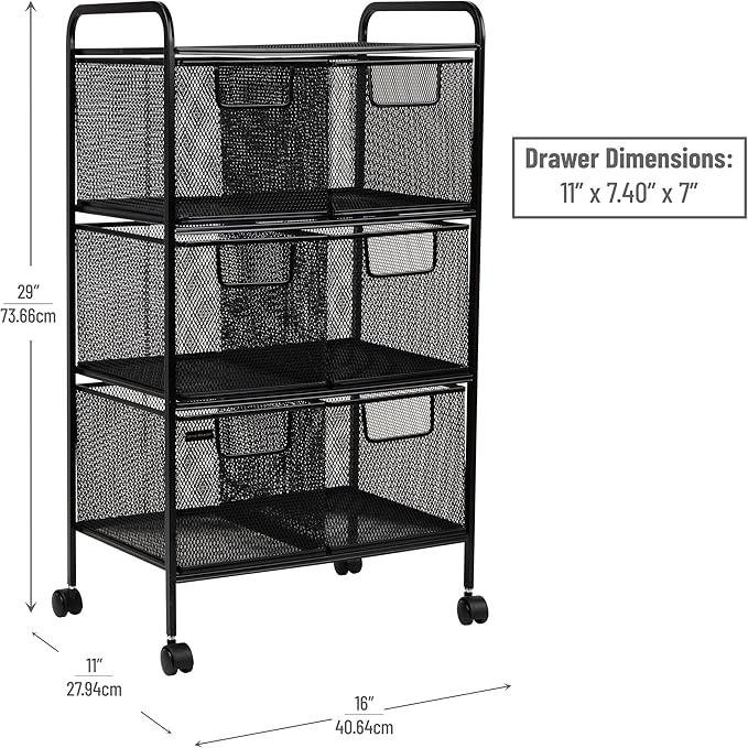 Mind Reader Multipurpose Rolling Cart with Drawers, Office Storage Organizer, Utility Cart, Metal Mesh, Black