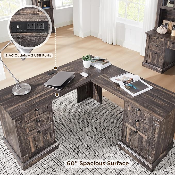 OKD 60" L Shaped Executive Desk with Drawers, Farmhouse Home Office Desk with Charging Station, File Cabinet Storage, Wood Corner Computer Desk for Work and Study, Dark Rustic Oak