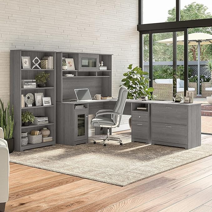 Bush Furniture L Shaped Desk with Hutch, 5 Shelf Bookcase and Lateral File Cabinet | Cabot Collection Corner Computer Table with Storage and Bookshelf | 60Wx23DX37W
