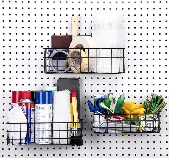 RightArrange Pegboard Baskets, Set of 3 Black - Hooks to Any Peg Board - Square Style Baskets Hold More - Organize Tools, Workbench, Accessories, Garage Storage - Wall Organizer Attachments