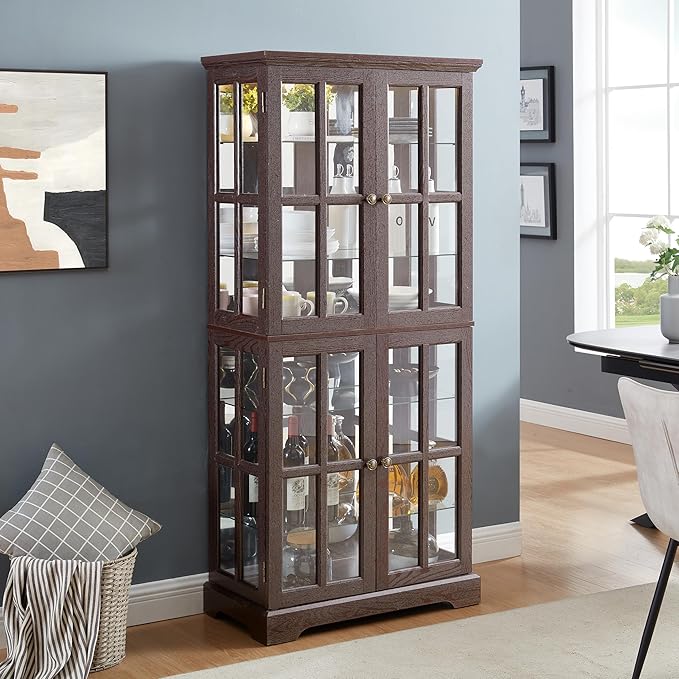 Curio Display Cabinet, Antique Display Cabinet with Glass Doors Adjustable Shelves for Collectibles Four Door Design Vintage Showcase for Home or Office Antique Display Case E26 Bulb Included CHE Ti