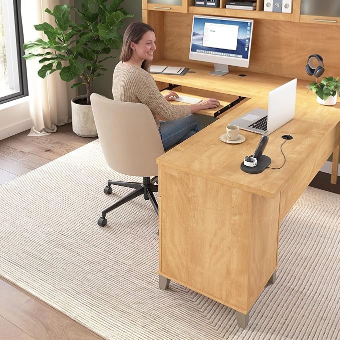 Bush Home 72-Inch L-Shaped Desk with Hutch, Corner Computer Office Desk with File and Box Drawers, Shelves and Storage Cabinet, Home Office Workstation, Somerset Collection, Maple Cross