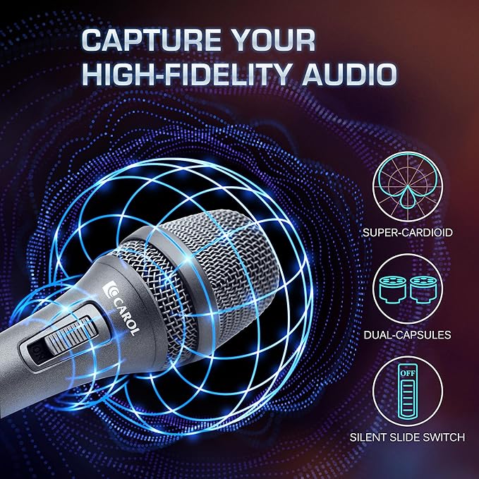CAROL AC-900S XLR Wired Vocal Microphone – Dynamic Supercardioid Mic with AHNC Dual-Engine Noise Cancelling Tech for Singing, Karaoke, Stage & Studio, Includes Mic Clip, 14.8ft Cable & Switch - Gray