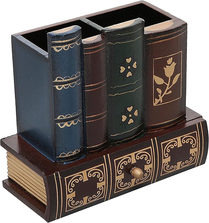 MyGift Decorative Desk Organizer Caddy, Pencil and Pen Holder with Bottom Storage Drawer and Antique Library Books Design