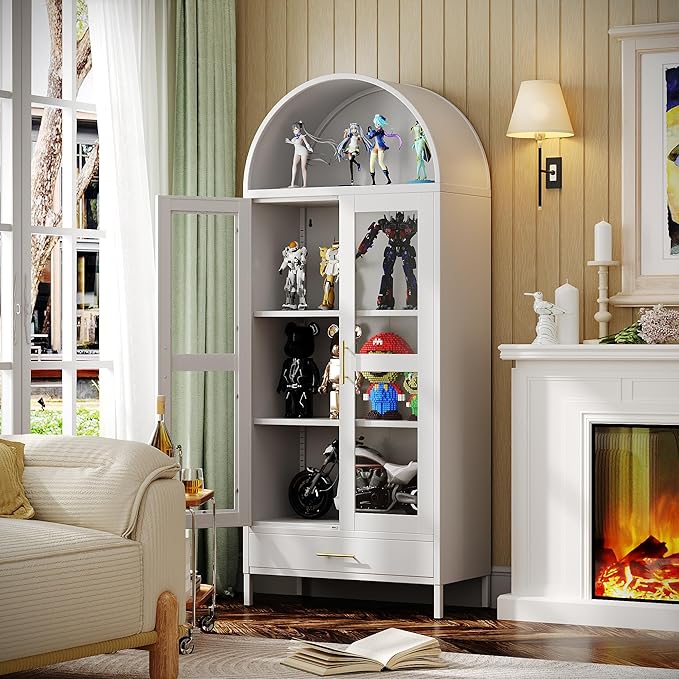 VEXPOR 73" Tall Arched Display Cabinet with Glass Doors, Metal Arched Curio Cabinet with Drawer for Living Room, Home Office, Assembly Required, White