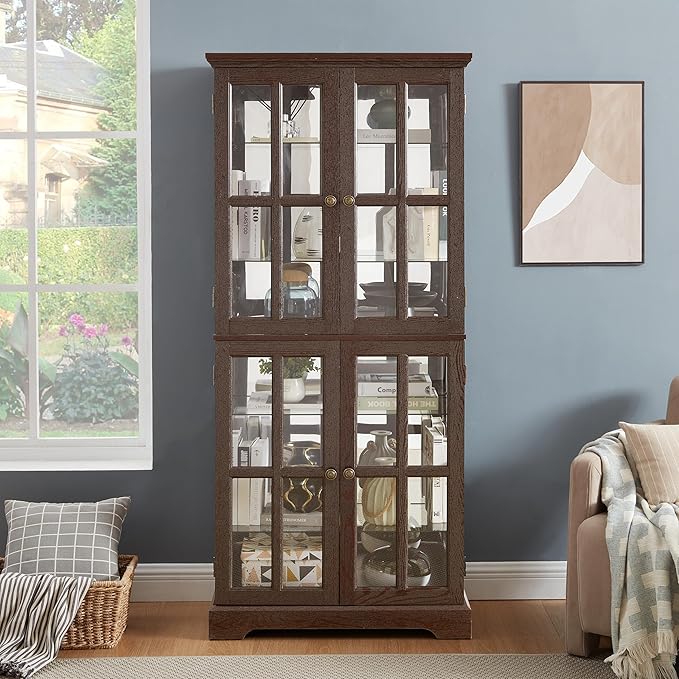 Curio Display Cabinet, Antique Display Cabinet with Glass Doors Adjustable Shelves for Collectibles Four Door Design Vintage Showcase for Home or Office Antique Display Case E26 Bulb Included CHE Ti