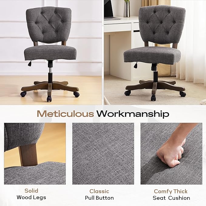 HUIMO Upholstered Swivel Desk Chair Chenille Tufted Fabric Home Office Chair with Wheels Adjustable Height Classic Task Chair with Wooden Legs Comfortable Armless Chair for Studio Study (Grey)
