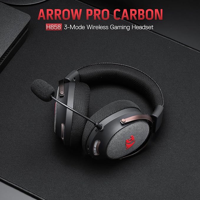 Redragon H858 3-Mode Wireless Gaming Headset, 7.1 Surround Sound, 53 mm Drivers, Memory Foam Ear Pads, Detachable Noise-canceling Microphone, Over-Ear Headphones Works for Phone, PC/PS5/NS, Black