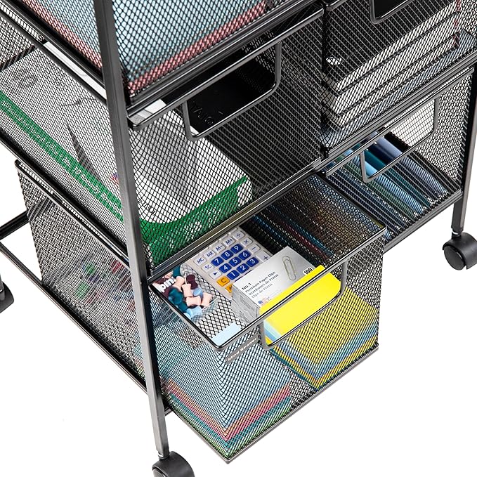 Mind Reader Multipurpose Rolling Cart with Drawers, Office Storage Organizer, Utility Cart, Metal Mesh, Black