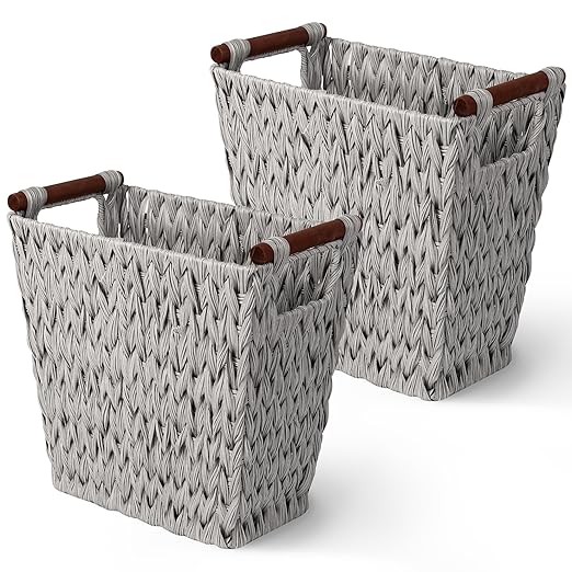 GRANNY SAYS Woven Wicker Desk Wastebasket with Wood Handles – Gray (2-Pack)