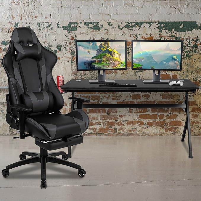Flash Furniture Optis Gaming Desk and Gray Footrest Reclining Gaming Chair Set - Cup Holder/Headphone Hook/Removable Mouse Pad Top/Wire Management