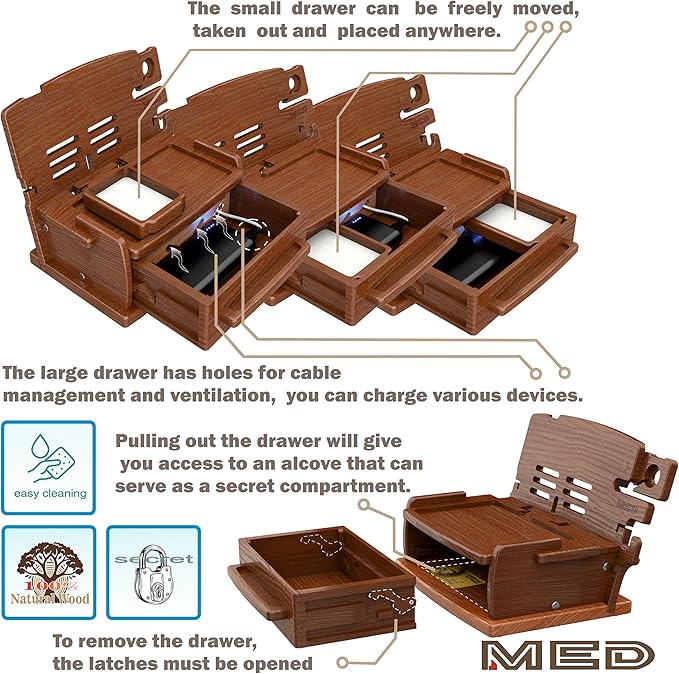MED Wood Phone Docking Station with Drawer - Nightstand Organizer (Dark Walnut)