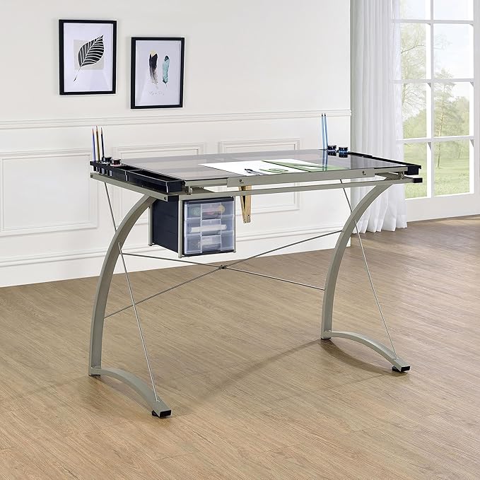 Coaster Home Furnishings - Melo - Metal and Glass - 41-Inch Drafting Table with Adjustable Pitch, Three Drawers, Retractable Pencil Ledge and Storage Compartments - Home Office - Silver - 800986