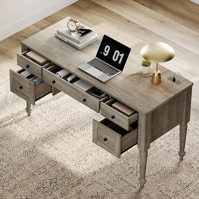 WAMPAT Home Office Furniture Set, 56'' Executive Desk with Charging Station, 72" Tall Bookcase with 4 Glass Doors, Wood Computer Desk with File Cabinet Storage, Open Shelf, Wash Grey