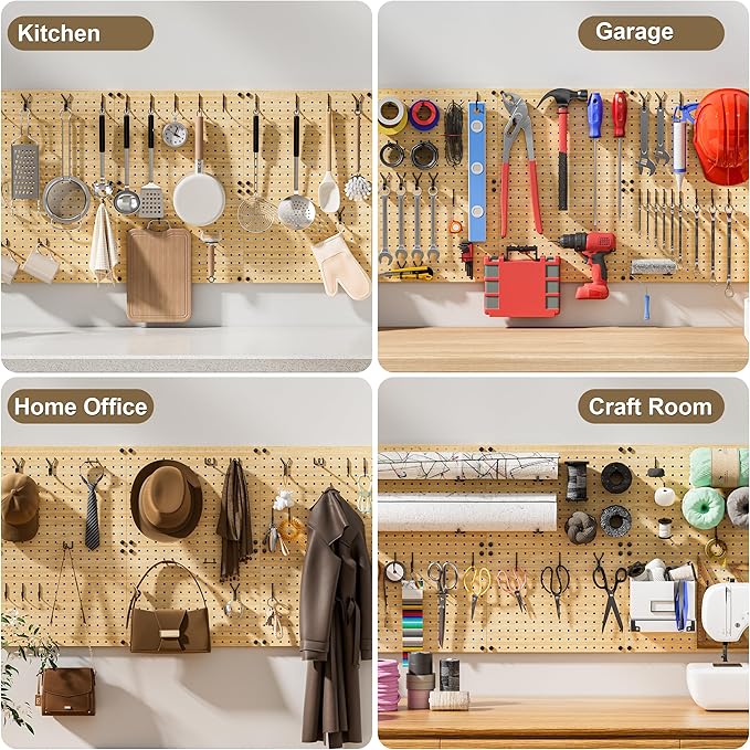 VOIMO Bamboo Pegboard Organizer Set, 6 Panels (16"x12") with 48 Hooks – Eco-Friendly Wall Mounted Storage Rack for Tools, Crafts & Office – Natural Bamboo Pegboard System with Accessories