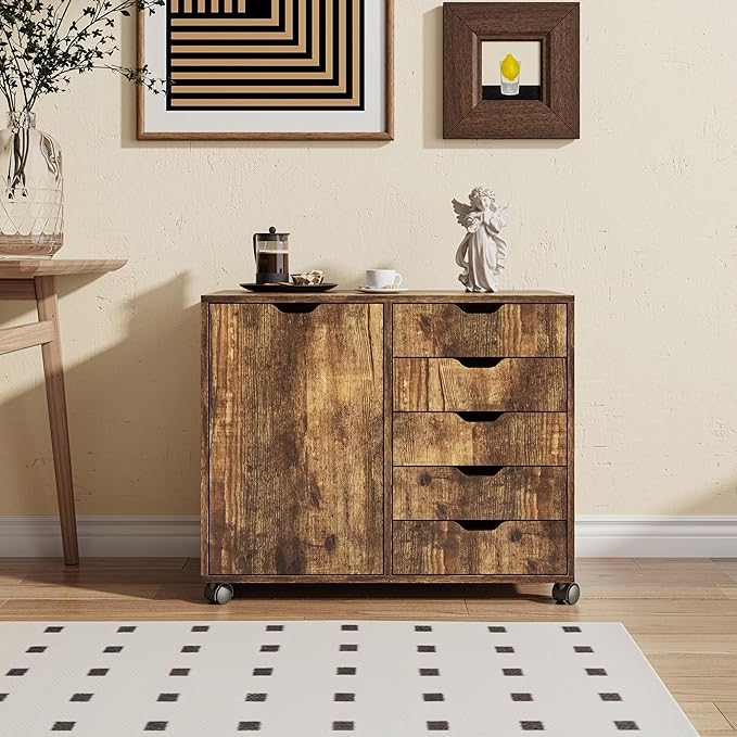 Relaxdays mobile storage cabinet, 5 drawers & 2 compartments, HWD: 65x78x40 cm, office cabinet with wheels, brown