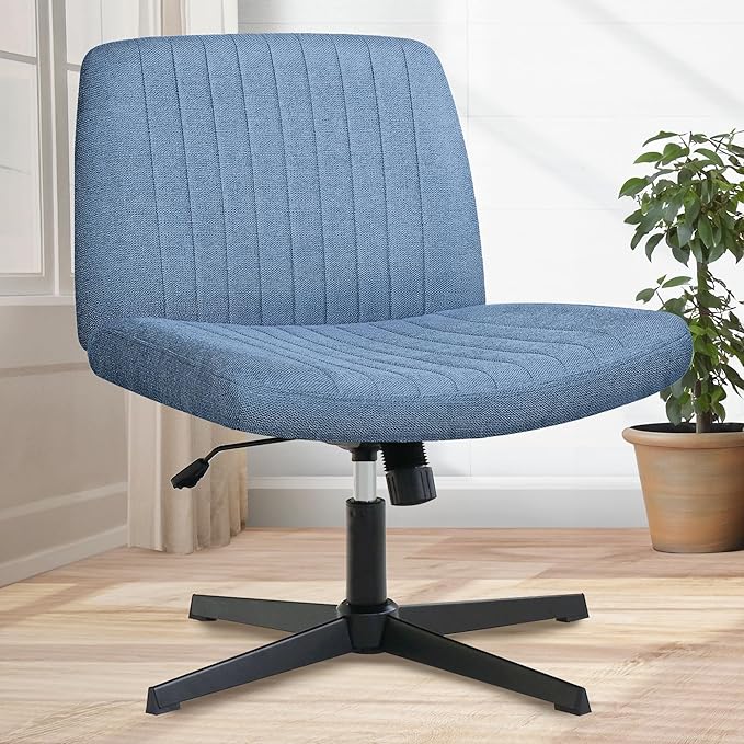 Orange Factory Criss Cross Chair No Wheel Wide Cross Legged Office Desk Vanity Chair Comfy Fabric Armless Adjustable Swivel for Home Computer Task (Blue No Wheel, Classic Fabric)
