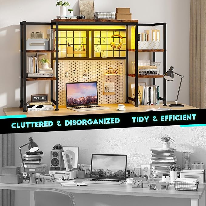 REIBII Desk Shelf with LED Light Strip,Adjustable 45.1" Desk Hutch Dorm with 5 Tier Display Shelf Rack,Desktop Bookshelf with Grid Panel & Hooks for Home, Office and Dorm, Rustic Brown